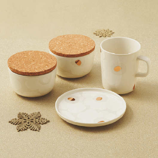 マリメッコ / 5F Unikko ①mug 2.5dl 3,960円 ②plate 13.5cm 3,960円  ③jar 2.5dl 2pcs 9,350円