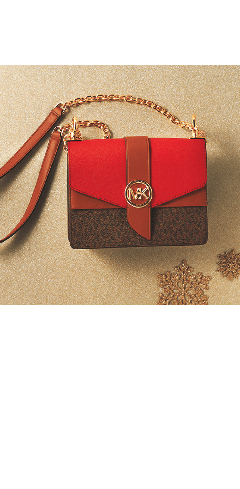 マイケル・コース / 5F GREENWICH コンバーチブル クロスボディ スモール - MKシグネチャー  57,200円 レザーとMKシグネチャーのロゴプリントキャンバスを組み合わせ、華やかなカラーがホリデーシーズンの装いにアクセントを添えます。フラップは二重構造で、内側にはフラップポケットやカードポケット、外側にはスリットポケットを備え、機能性の高さも魅力です。