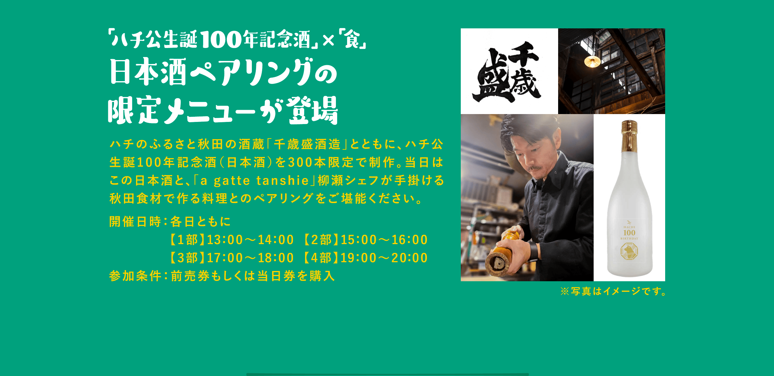 「ハチ公生誕100年記念酒」×「食」日本酒ペアリングの限定メニューが登場 ハチのふるさと秋田の酒蔵「千歳盛酒造」とともに、ハチ公生誕100年記念酒（日本酒）を300本限定で制作。当日はこの日本酒と、「a gatte tanshie」柳瀬シェフが手掛ける秋田食材で作る料理とのペアリングをご堪能ください。