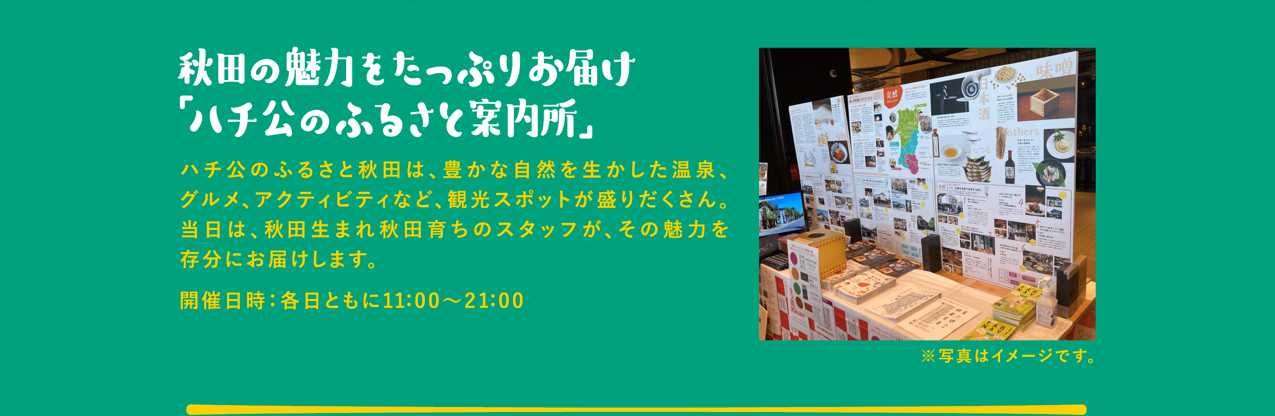 秋田の魅力をたっぷりお届け「ハチ公のふるさと案内所」 ハチ公のふるさと秋田は、豊かな自然を生かした温泉、グルメ、アクティビティなど、観光スポットが盛りだくさん。当日は、秋田生まれ秋田育ちのスタッフが、その魅力を存分にお届けします。