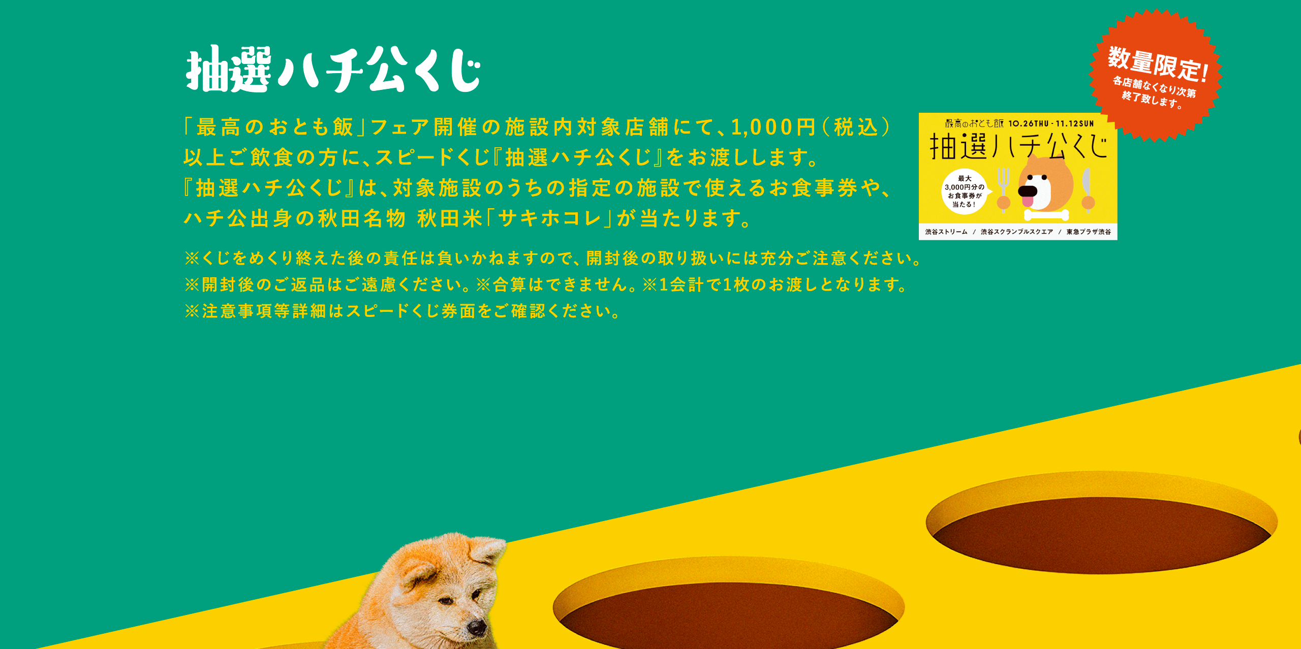 抽選ハチ公くじ 「最高のおとも飯」フェア開催の施設内対象店舗にて、1,000円（税込）以上ご飲食の方に、スピードくじ『抽選ハチ公くじ』をお渡しします。『抽選ハチ公くじ』は、対象施設のうちの指定の施設で使えるお食事券や、ハチ公出身の秋田名物 秋田米「サキホコレ」が当たります。
